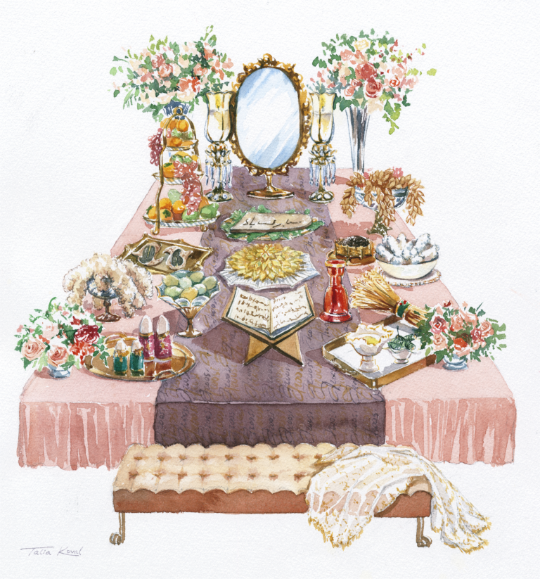 Illustration of a complete Sofreh-ye-Aghd, showcasing all traditional elements like the mirror, candles, wheat, sugar clusters, and more.